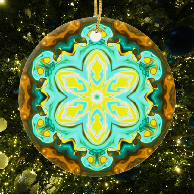 Ornamento De Cerâmica Flor de Mandala Psicodélico Teal e Amarelo (Criador carregado)