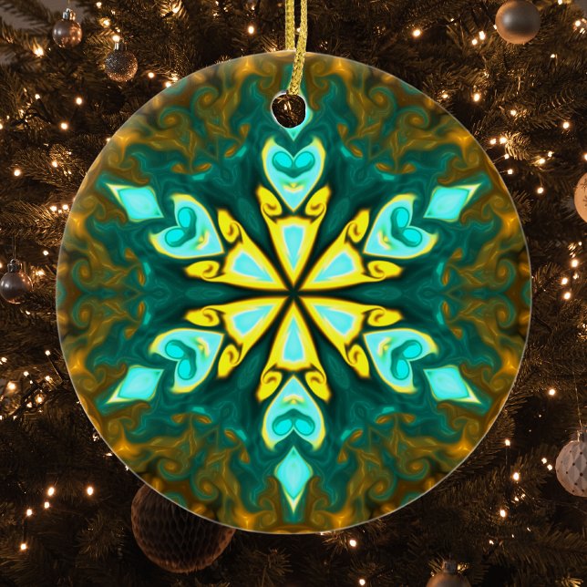 Ornamento De Cerâmica Flor de Mandala Psicodélico Teal e Amarelo (Criador carregado)