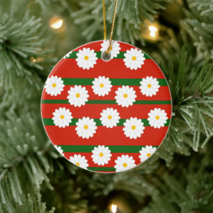 Ornamento De Cerâmica Flor de margarida branca Vermelho Feliz Natal Feri