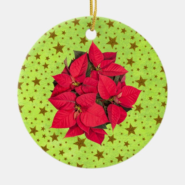 Ornamento De Cerâmica Flor de Natal vermelha, estrelas douradas em verde (Frente)