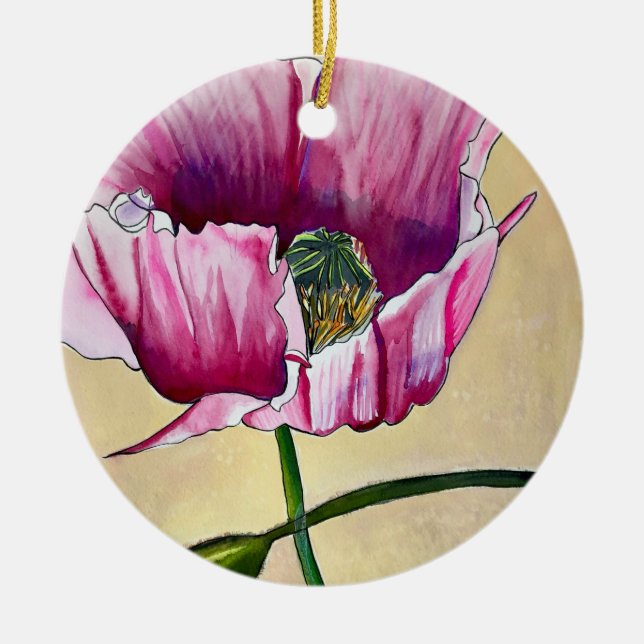 Ornamento De Cerâmica Flor de papoila rosa com aquarelas (Frente)