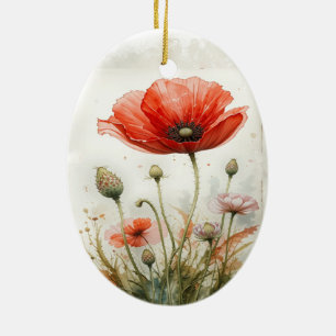 Ornamento De Cerâmica Flor de Vintagem Vermelha com Cores Aquáticas Data