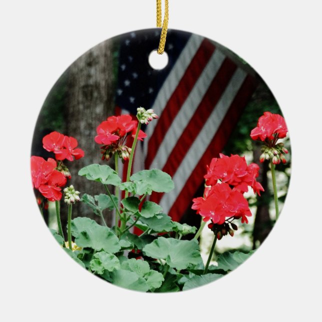 Ornamento De Cerâmica Flor e bandeira Vermelho, branco e azul (Frente)