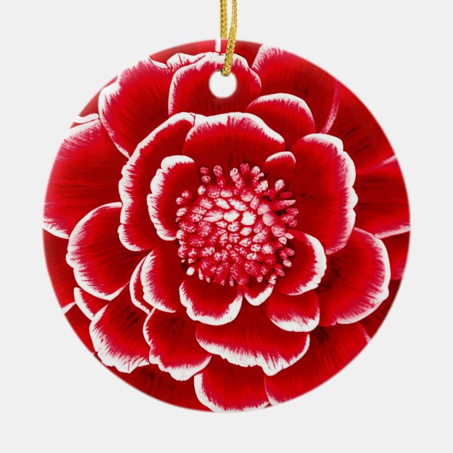 Ornamento De Cerâmica Flor Grande Vermelho e Branco Dahlia (Frente)