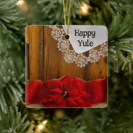 Ornamento De Cerâmica Flor Russo de Poinsettia e Fita Vermelha Feliz Yul