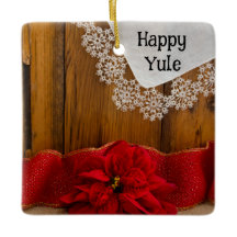 Flor Russo de Poinsettia e Fita Vermelha Feliz Yul