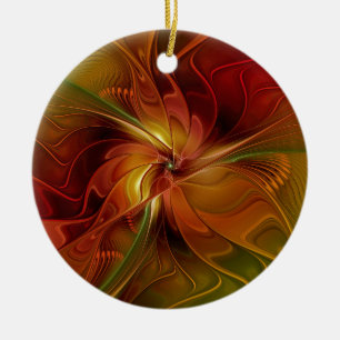 Ornamento De Cerâmica Flor verde-laranja-abstrato Vermelho Castanho-Cast