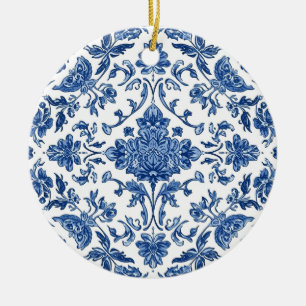Ornamento De Cerâmica Floral Azul de Chinoiserie Aquarela Branca