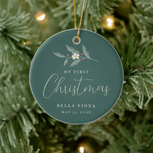Ornamento De Cerâmica Floral Berry Branch Minha Primeira Foto De Natal