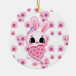 Ornamento De Cerâmica Floral cute pink rabbit easter