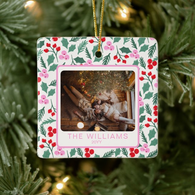 Ornamento De Cerâmica Floral de Natal Vermelho e Verde Moderno 2 Fotos (Árvore)