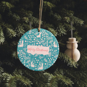 Ornamento De Cerâmica Floral de Rena Nórdica Natal Rosa em Azul Turque