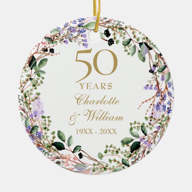 Ornamento De Cerâmica Floral Garland 50th Wedding Anniversary  (Frente)