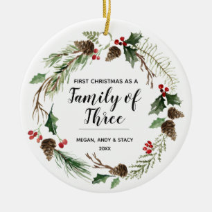 Ornamento De Cerâmica Floral Nosso Primeiro Natal como Família dos Trê