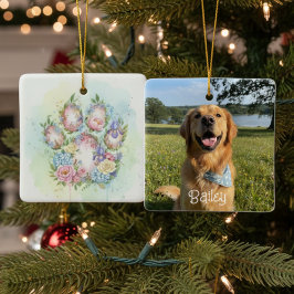 Ornamento De Cerâmica Floral Paw Print and Photo Pet Christmas