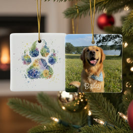 Ornamento De Cerâmica Floral Paw Print and Photo Pet Christmas
