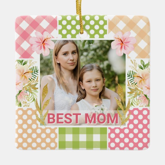 Ornamento De Cerâmica Floral & Plaid Photo Frame Mother's Day (Frente)