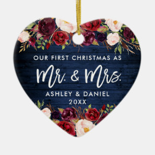 Ornamento De Cerâmica Floral Russo de Burgundy Azul de Primeiro Natal