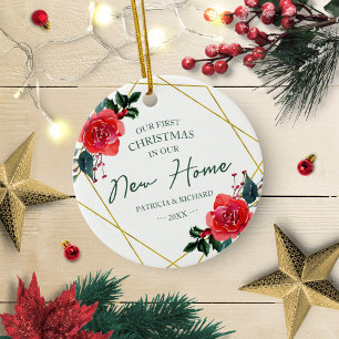 Ornamento De Cerâmica Floral Vermelho Nosso Primeiro Natal Em Nossa Nova