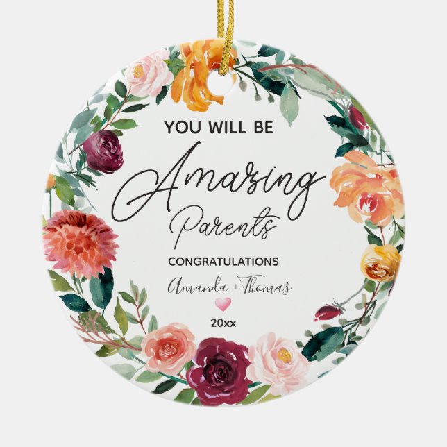 Ornamento De Cerâmica Floral Wreath Personalizou Natal para Novos Pais (Frente)