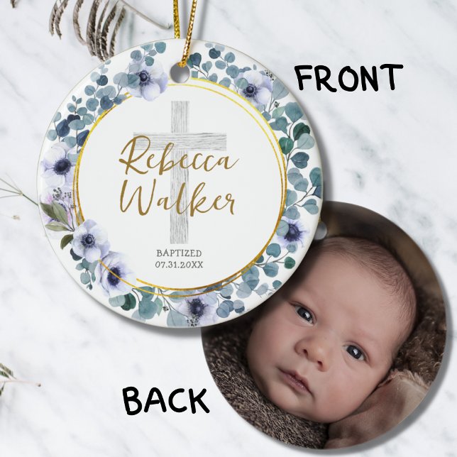 Ornamento De Cerâmica Flores Azuis de Eucalipto Ouros de Natal Batismo (Criador carregado)