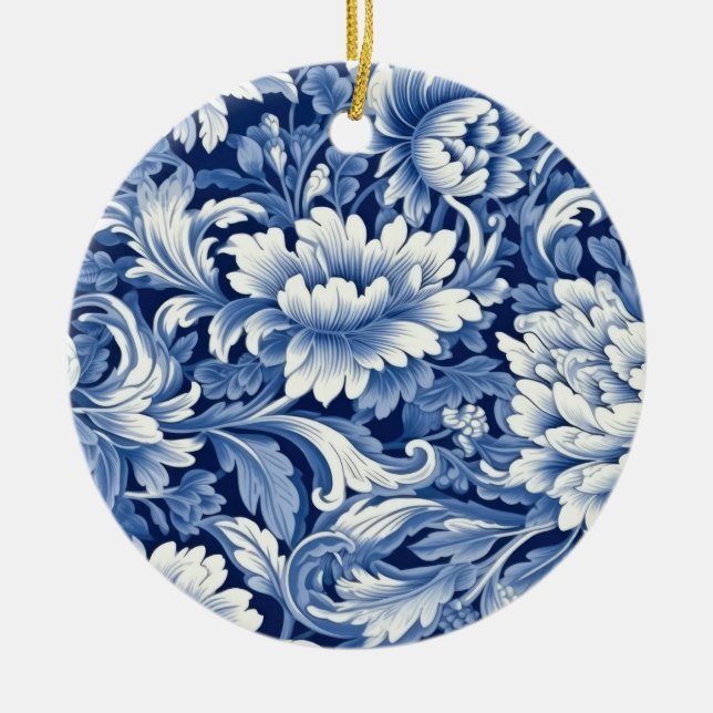 Ornamento De Cerâmica Flores Azul Índigo (Frente)
