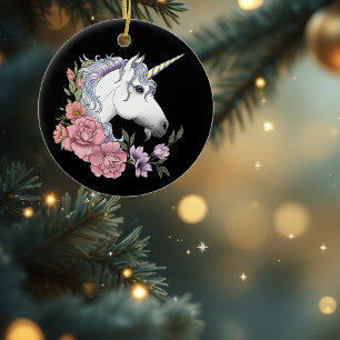 Ornamento De Cerâmica Flores brancas de Unicórnio, cor-de-rosa, preto