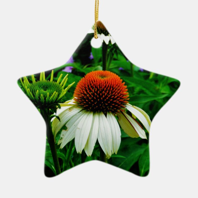 Ornamento De Cerâmica Flores brancas e laranja (Frente)