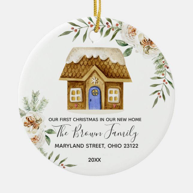 Ornamento De Cerâmica Flores Brancas Nosso Primeiro Natal em nossa nova  (Frente)