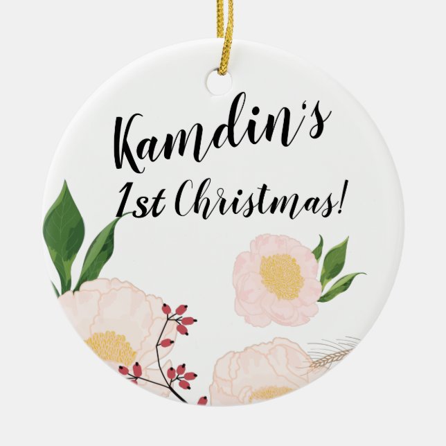 Ornamento De Cerâmica Flores Brancas Personalizadas em Branco (Frente)