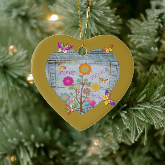 Ornamento De Cerâmica Flores Cardíacas Denim Pocket Borboletas (Árvore)