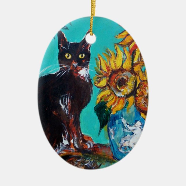 ORNAMENTO DE CERÂMICA FLORES COM GATO PRETO EM TURQUOISMO AZUL (Frente)
