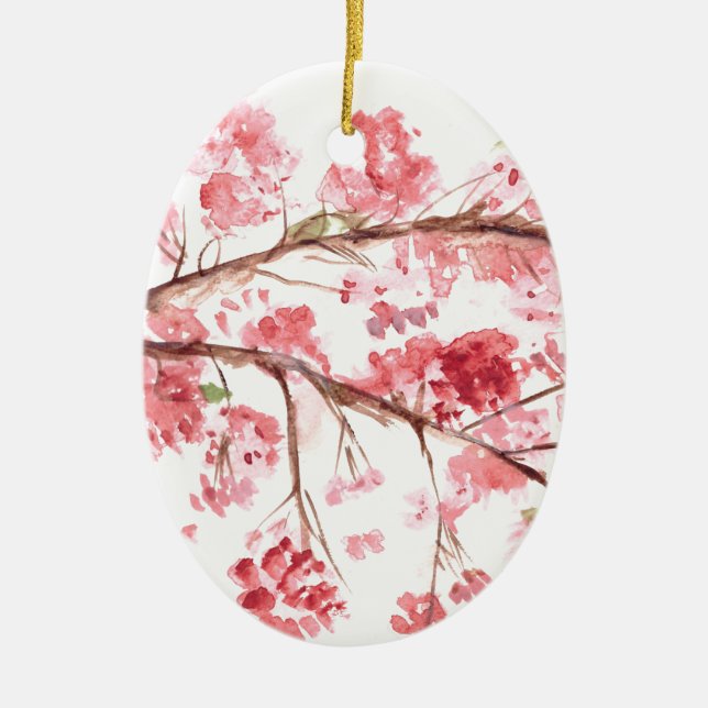 Ornamento De Cerâmica Flores cor-de-rosa cereja sakura aquarela (Frente)