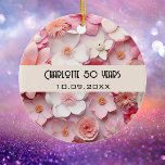 Ornamento De Cerâmica Flores, cor-de-rosa, nome de aniversário branco<br><div class="desc">Um padrão floral cor-de-rosa e branca. Personalize e adicione um nome e data.</div>