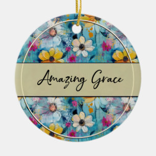 Ornamento De Cerâmica Flores de Aquarela Azul Amazing Grace