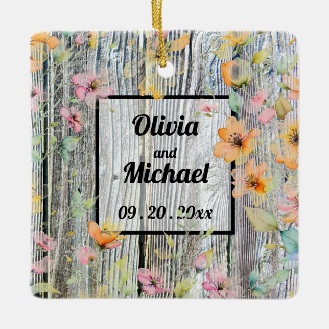 Ornamento De Cerâmica Flores de aquarela botânica em script de madeira d (Frente)