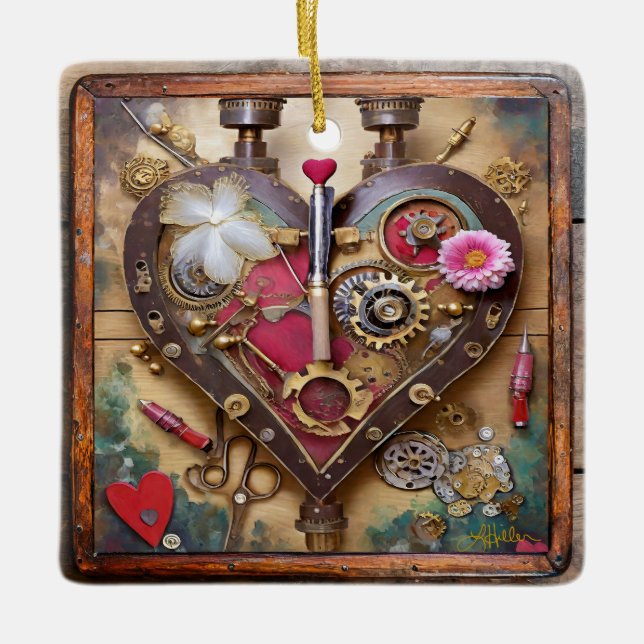 Ornamento De Cerâmica Flores de Batom Coração Série Steampunk (Frente)