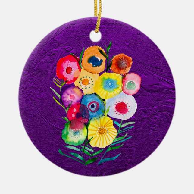 Ornamento De Cerâmica Flores de cor aquosa, púrpura, (Frente)