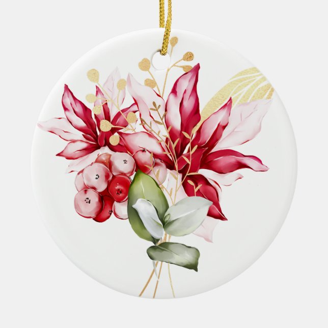 Ornamento De Cerâmica Flores de inverno vermelhas poinsettia aquática (Frente)