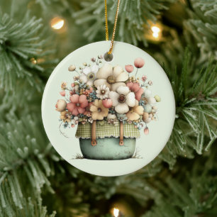 Ornamento De Cerâmica Flores em um Vaso Aconchegante Shabby Fofo