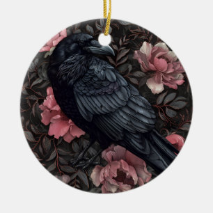 Ornamento De Cerâmica Flores góticas vintage de corvo