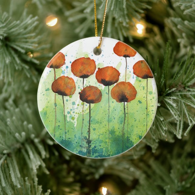 Ornamento De Cerâmica Flores Laranja e Verde de Aquarela (Árvore)