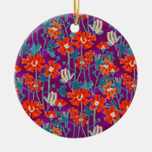 Ornamento De Cerâmica Flores laranja no travesseiro decorativo roxo