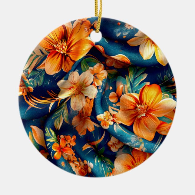 Ornamento De Cerâmica Flores Laranjas em Toda Parte (Frente)