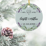 Ornamento De Cerâmica Flores lavandas sage green mr mrs recém weds<br><div class="desc">Decorado com a Sra. com coração. Um fundo verde sábio decorado com flores de lavanda violeta e verde de eucalipto. Personalize e adicione seus nomes e sua data de casamento. Texto preto.</div>