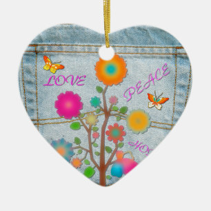 Ornamento De Cerâmica Flores no Bolso Traseiro de Jeans Paz Amor Esperan