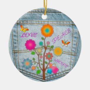 Ornamento De Cerâmica Flores no Bolso Traseiro de Jeans Paz Amor Esperan