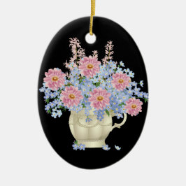 Ornamento De Cerâmica flores rosa e azul com fundo preto