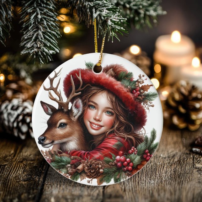 Ornamento De Cerâmica Floresta de Feriado Holly Girl & Deer (Winter Solstice Holly Girl & Deer Holiday Forest Ceramic Ornament)