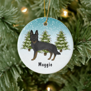 Ornamento De Cerâmica Floresta de inverno azul-German shepherd preto